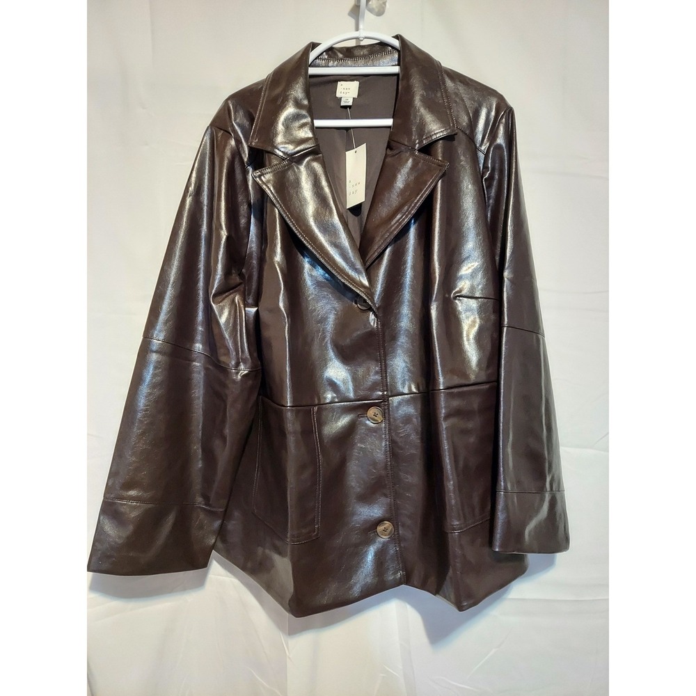 A New Day Womens Blazer Jacket Brown Faux Leather 3X Plus‎ Size Chic